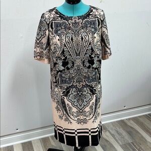 Black and Pink Sheath Midi Dress with Crew Neck